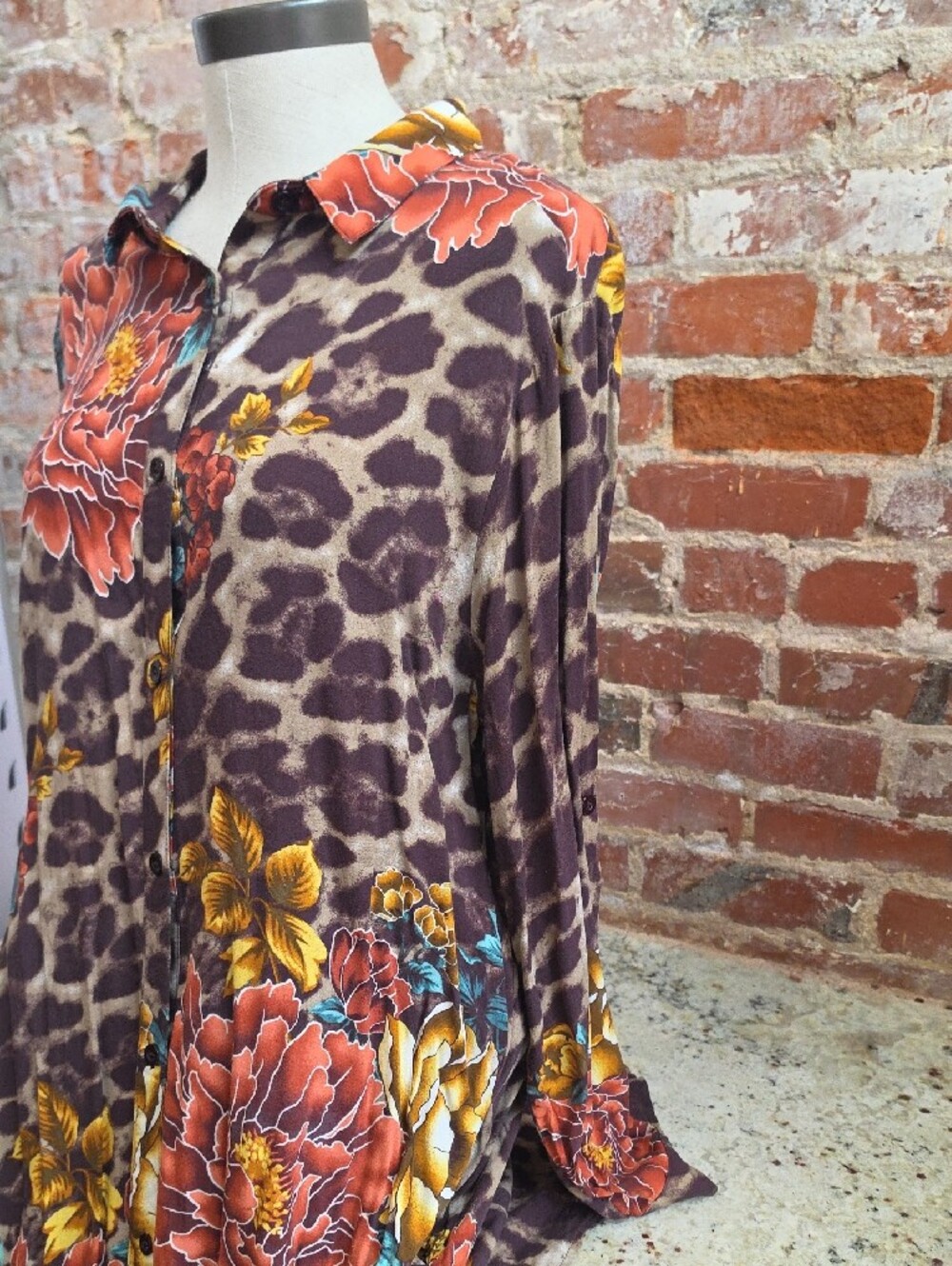Brown Leopard Midi Dress with Rust Floral Accents - 1542 - Picture 5 of 6